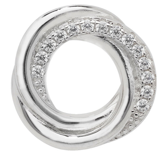 Women's rhodium plated sterling silver circle pendant set with cubic zirconia on a white background