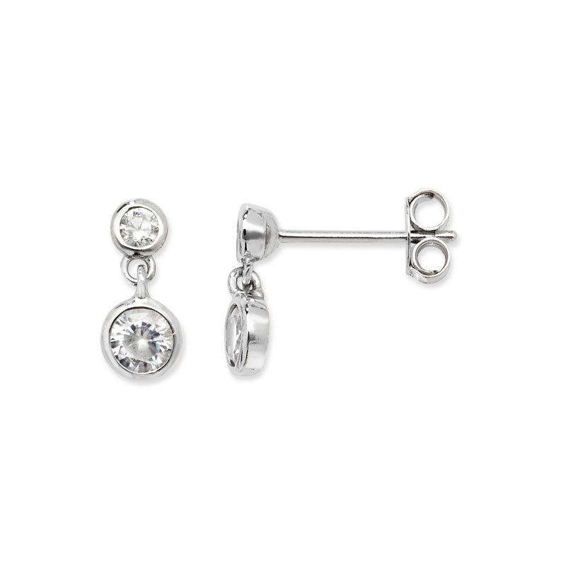 Women's rhodium plated sterling silver bezel-set cubic zirconia drop earrings on a white background
