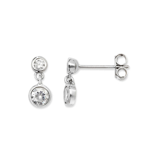 Women's rhodium plated sterling silver bezel-set cubic zirconia drop earrings on a white background