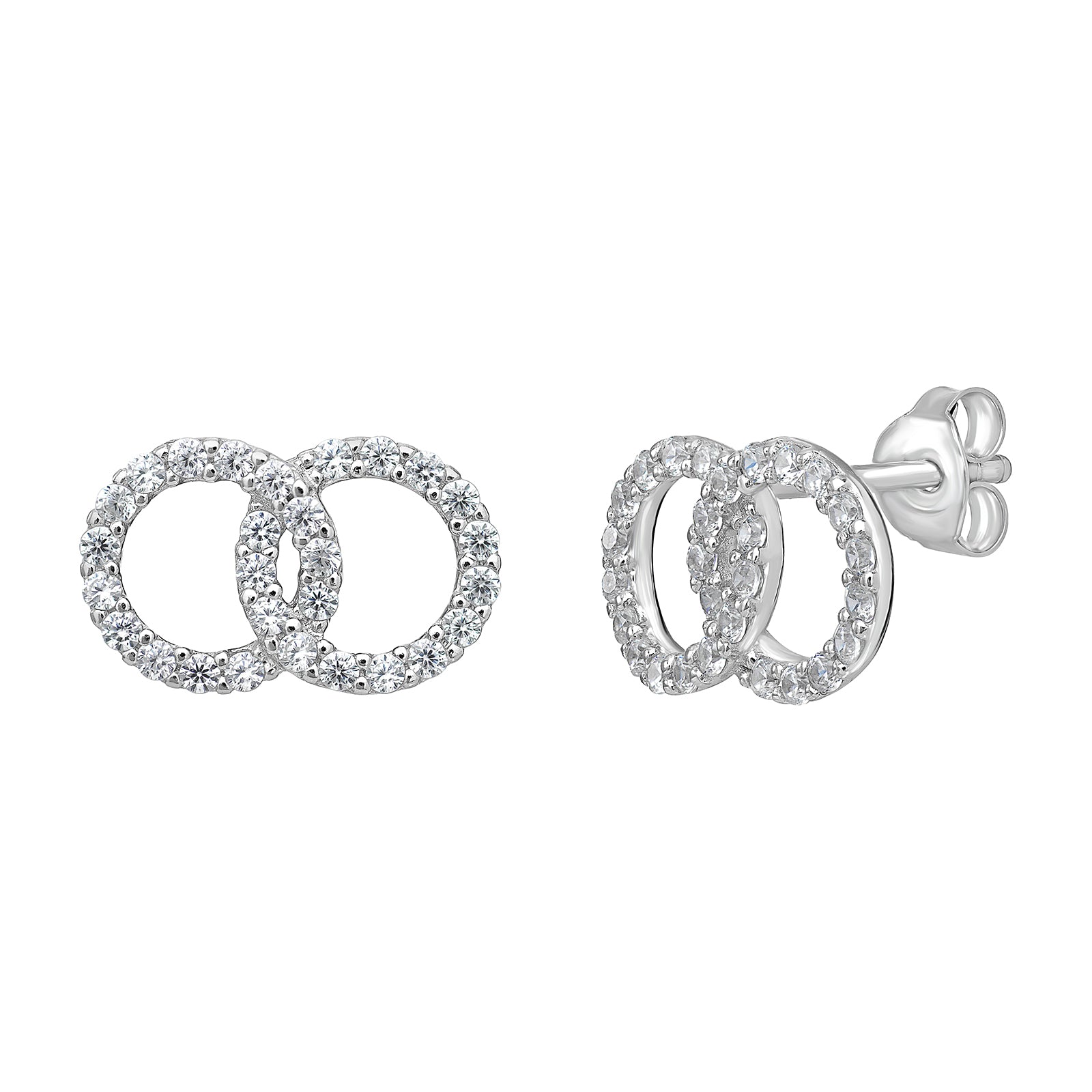 A pair of women's rhodium plated sterling silver stud earrings featuring two interlocking circles set with cubic zirconia gemstones on a white background
