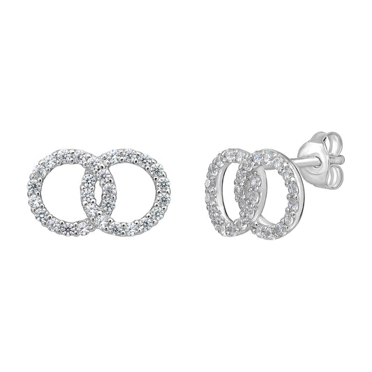 A pair of women's rhodium plated sterling silver stud earrings featuring two interlocking circles set with cubic zirconia gemstones on a white background