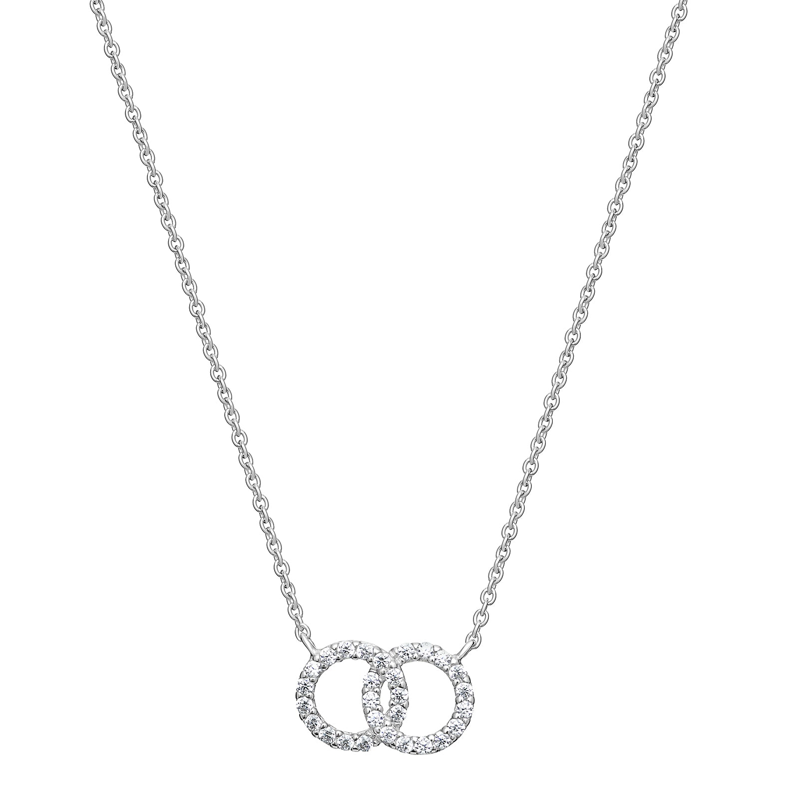 Women's rhodium plated sterling silver necklace with two interlocking circles set with cubic zirconia gemstones on a white background