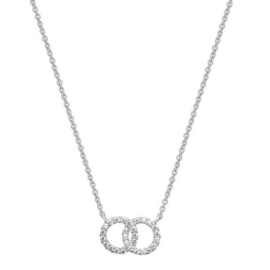 Women's rhodium plated sterling silver necklace with two interlocking circles set with cubic zirconia gemstones on a white background