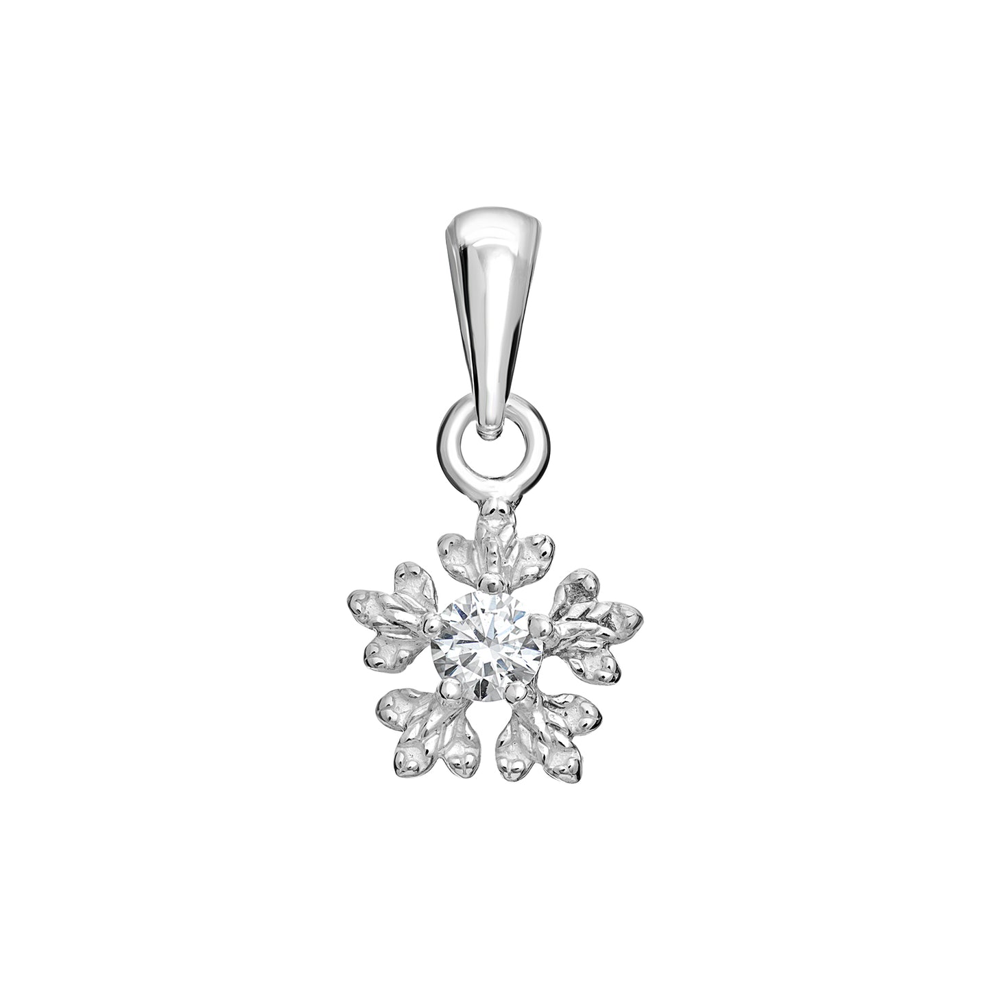 Women's rhodium plated sterling silver snowflake pendant set with a central cubic zirconia on a white background
