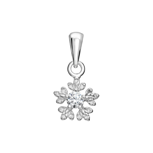 Women's rhodium plated sterling silver snowflake pendant set with a central cubic zirconia on a white background