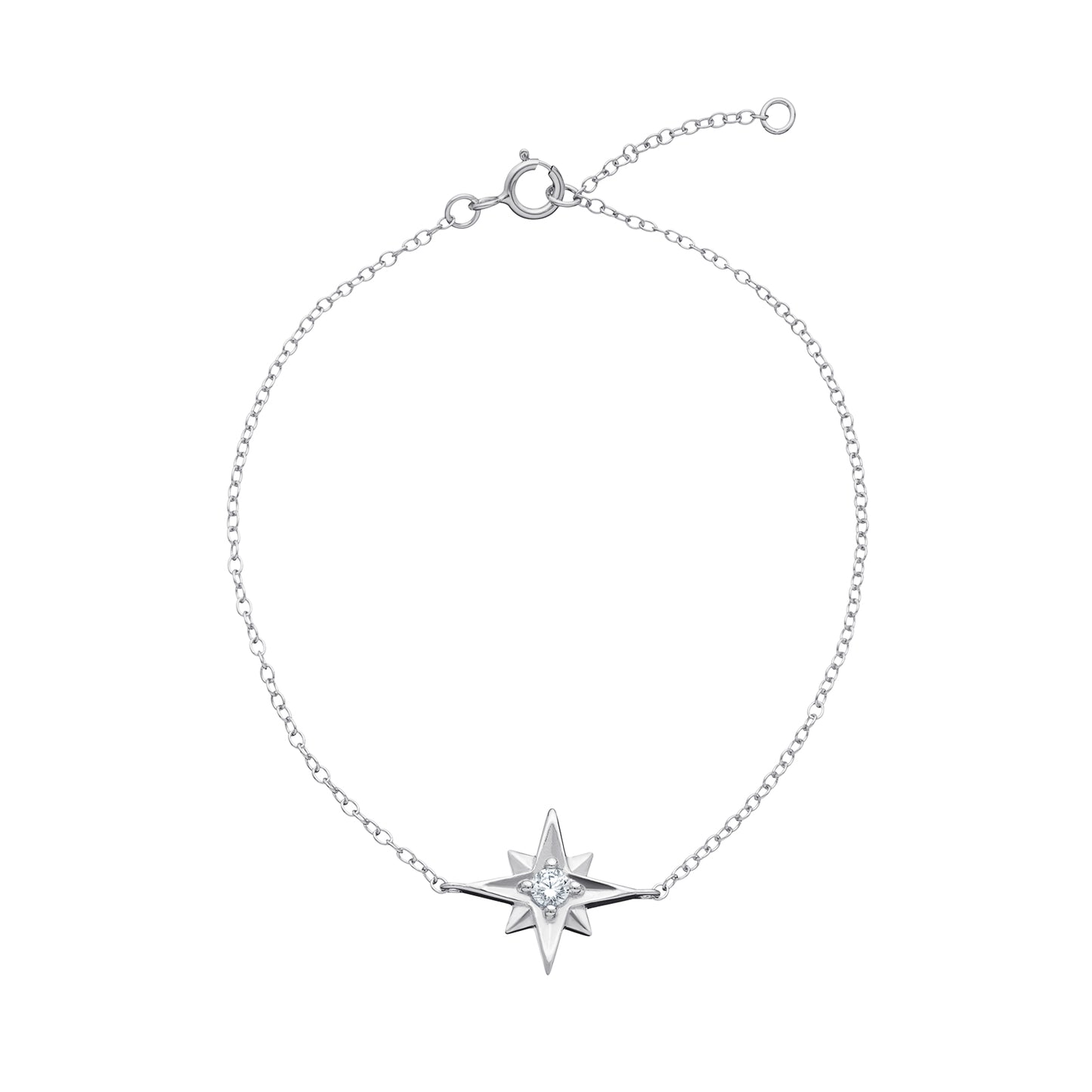 Women's rhodium plated sterling silver bracelet with a star-shaped pendant with a cubic zirconia centre gemstone on a white background