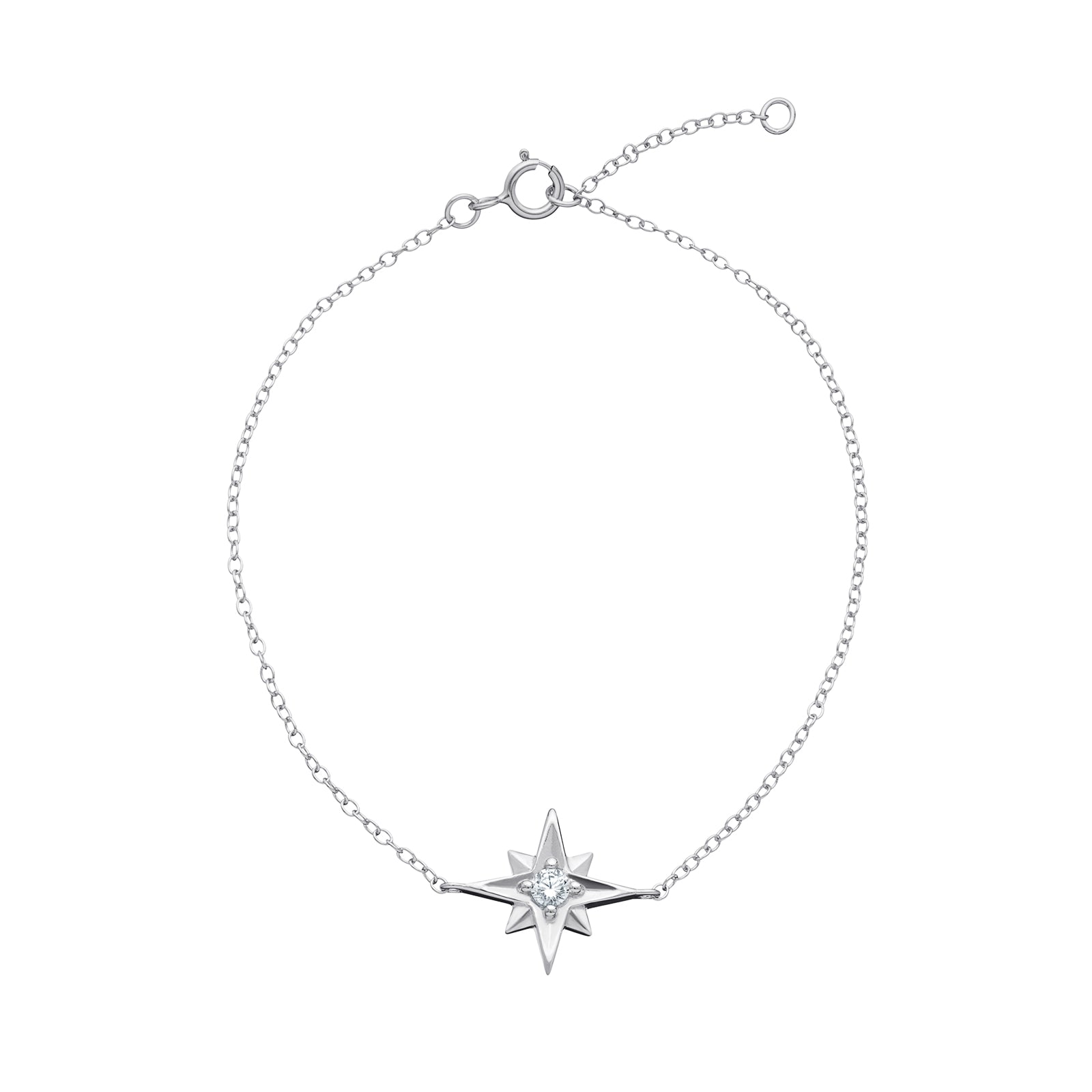 Women's rhodium plated sterling silver bracelet with a star-shaped pendant with a cubic zirconia centre gemstone on a white background