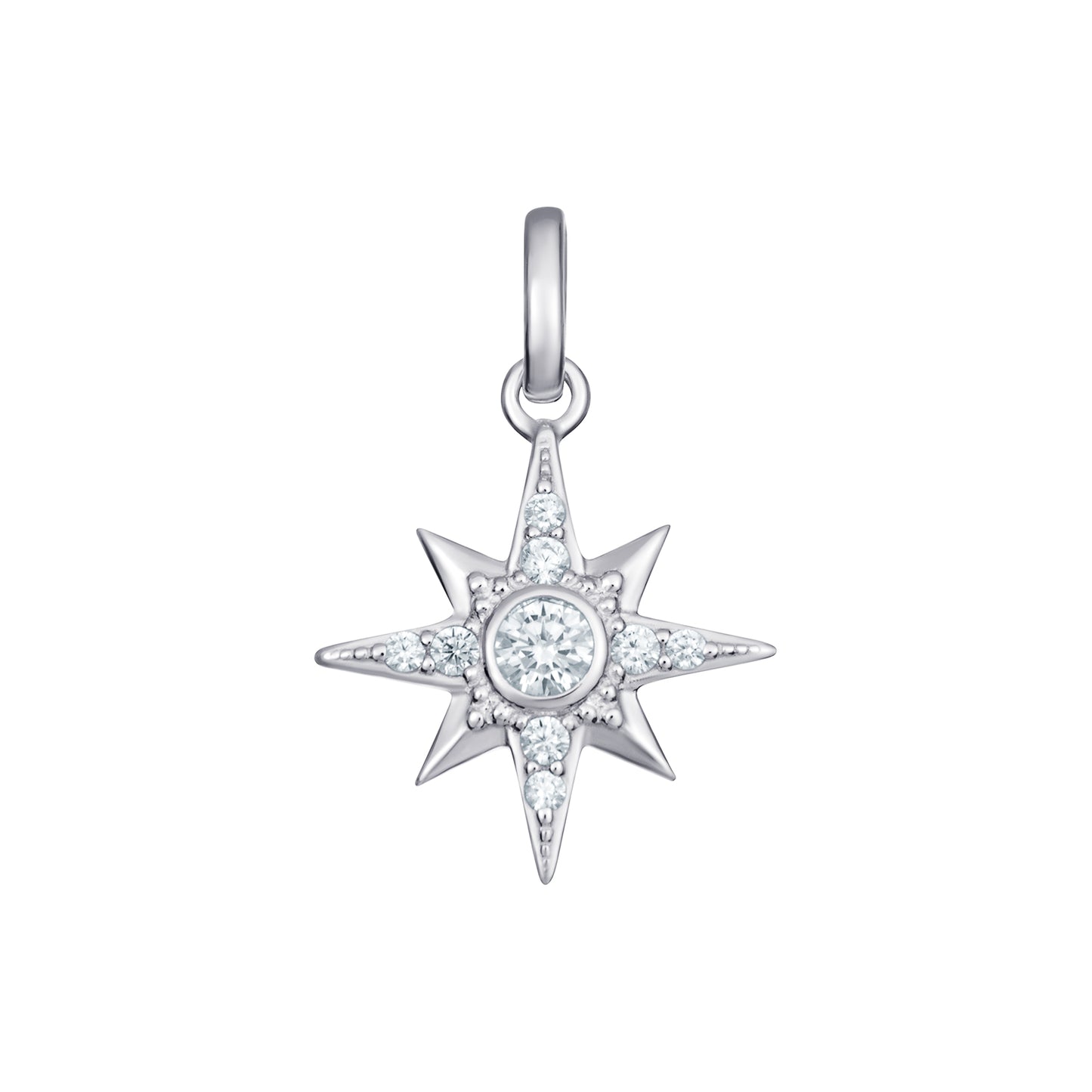 Women's rhodium plated sterling silver star pendant set with sparkling cubic zirconia gemstones on a white background