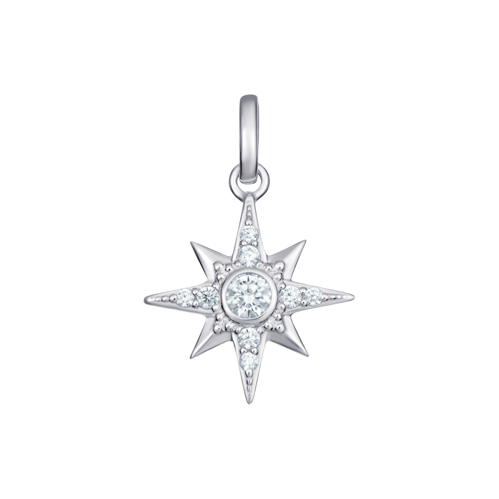 Women's rhodium plated sterling silver star pendant set with sparkling cubic zirconia gemstones on a white background
