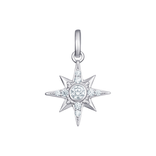 Women's rhodium plated sterling silver star pendant set with sparkling cubic zirconia gemstones on a white background