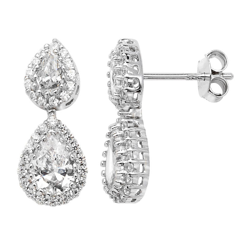 A pair of women's rhodium plated sterling silver earrings set with double pair shape cubic zirconia stones on a white background