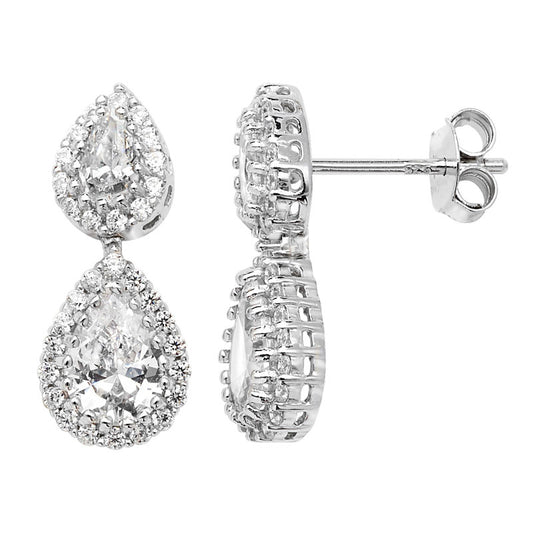A pair of women's rhodium plated sterling silver earrings set with double pair shape cubic zirconia stones on a white background
