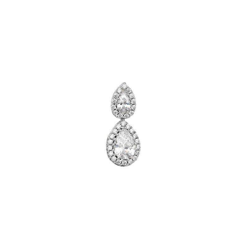 Women's rhodium plated sterling silver double pear shape cubic zirconia pendant on a white background