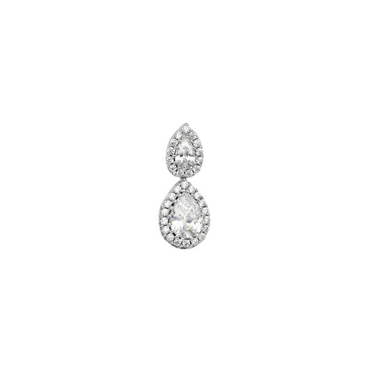 Women's rhodium plated sterling silver double pear shape cubic zirconia pendant on a white background