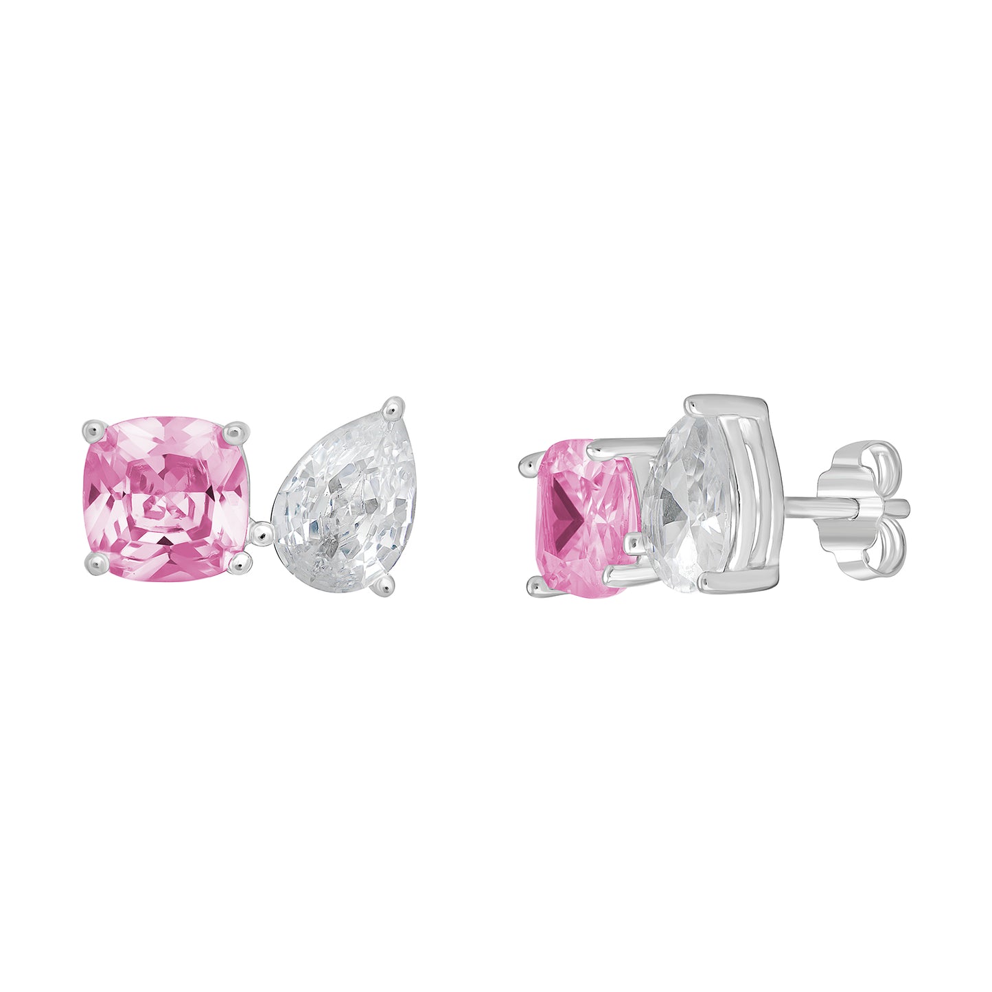A pair of women's rhodium plated sterling silver stud earrings set with pink cushion cut cubic zirconia and white pear shape cubic zirconia gemstones on a white background