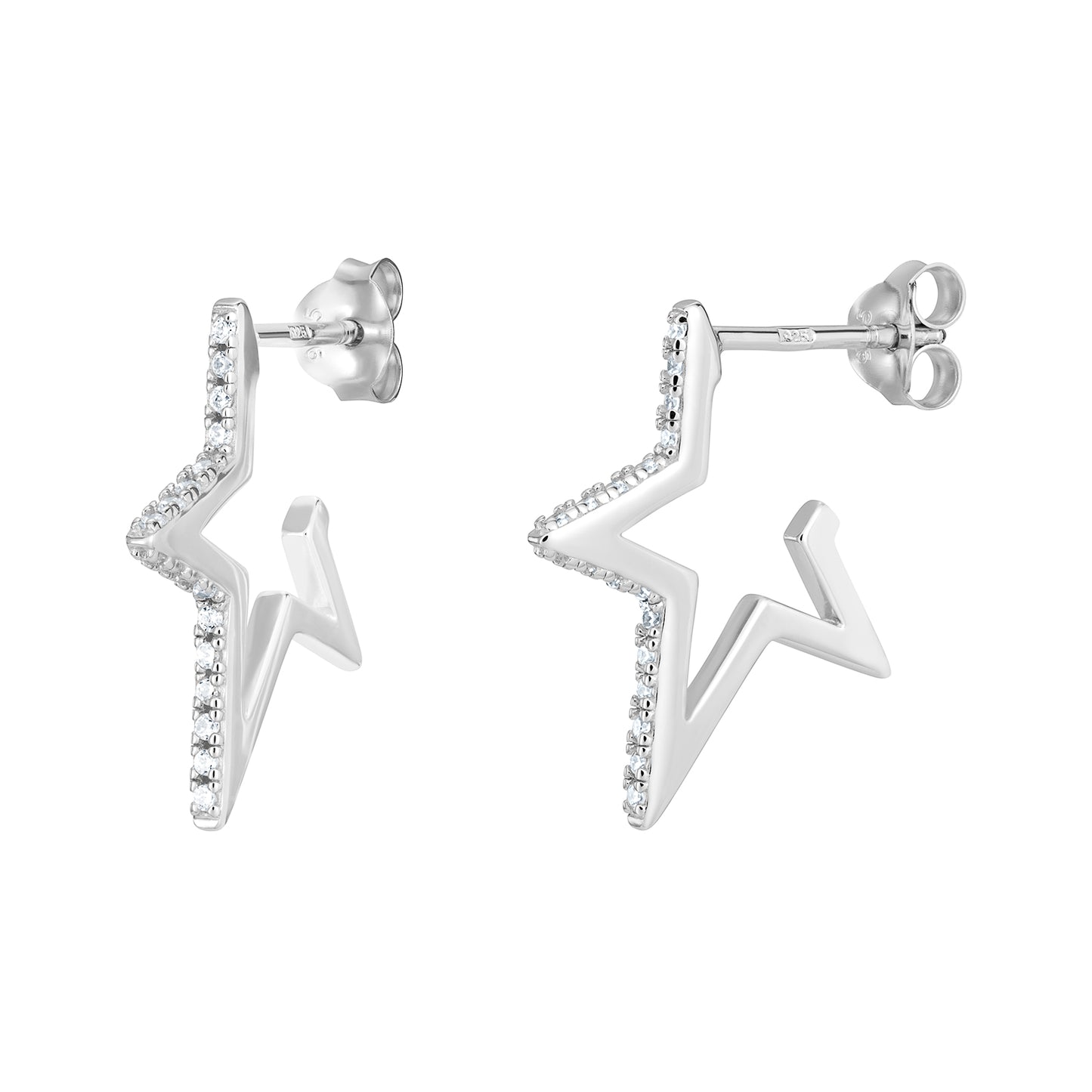 Women's rhodium plated sterling silver open star-shaped earrings set with cubic zirconia on a white background