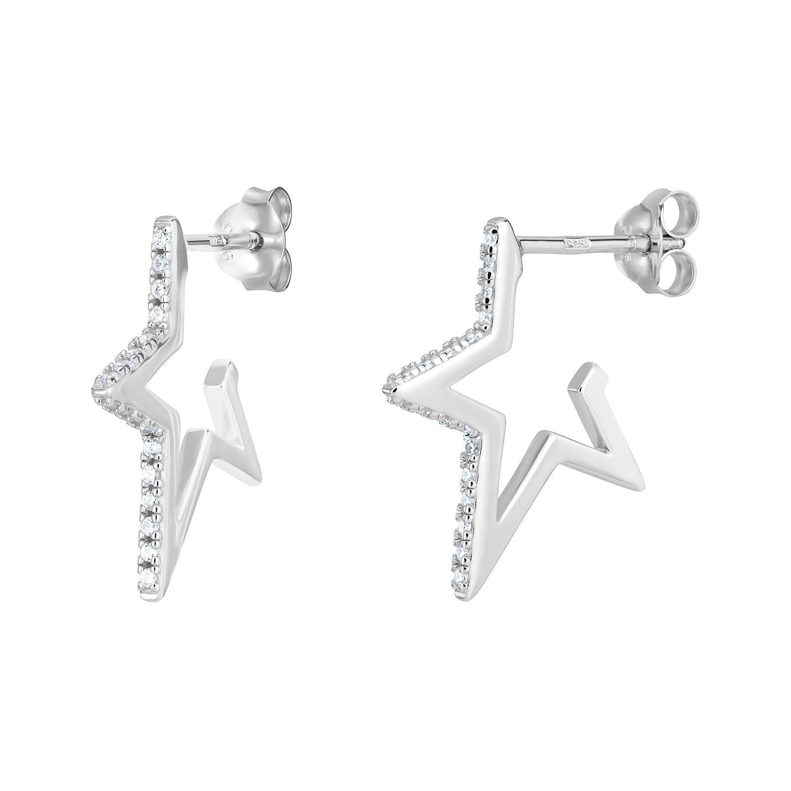 Women's rhodium plated sterling silver open star-shaped earrings set with cubic zirconia on a white background