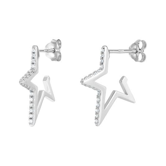 Women's rhodium plated sterling silver open star-shaped earrings set with cubic zirconia on a white background
