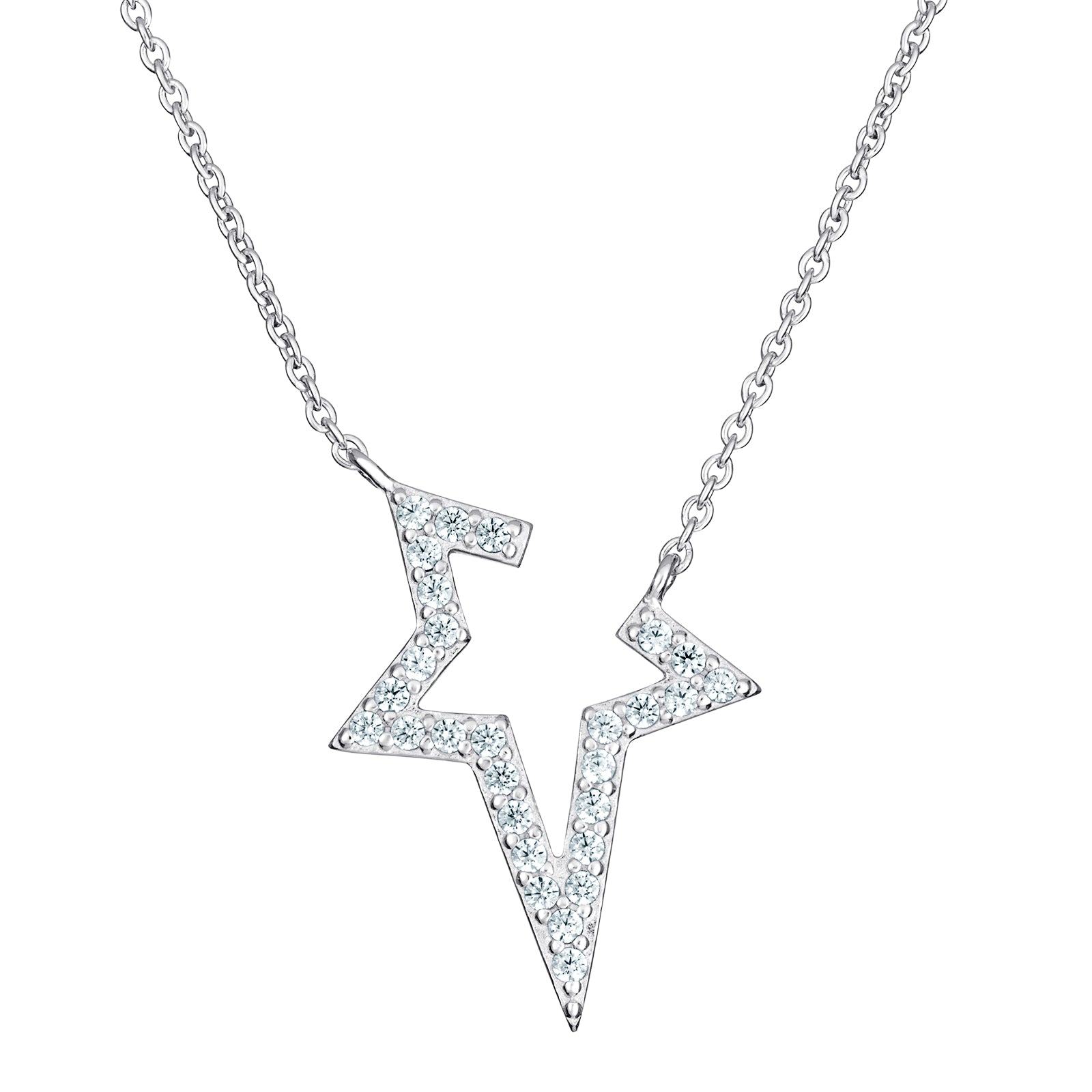 Women's rhodium plated sterling silver cubic zirconia open star necklace on a white background