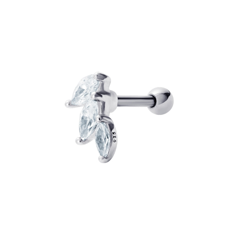 Women's single rhodium plated sterling silver stud earring with cubic zirconia gemstones on a white backgroud