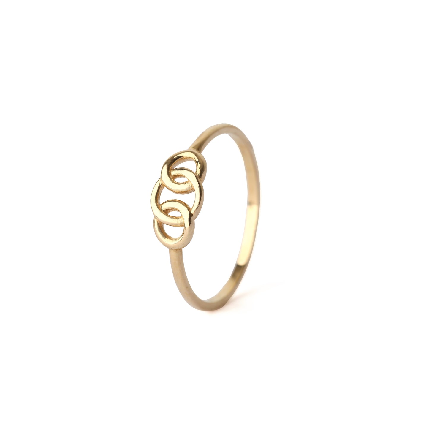 Women's solid yellow gold ring with a decorative design of three intertwined circles, displayed on a white background