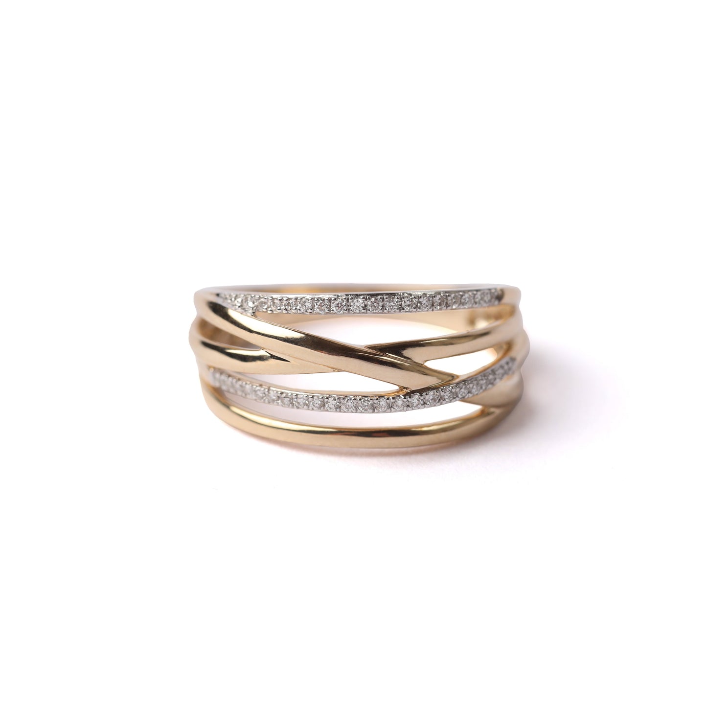 Women's solid yellow gold ring with 5 connected bands, with two of the bands set with diamonds, displayed on its side on a white background.