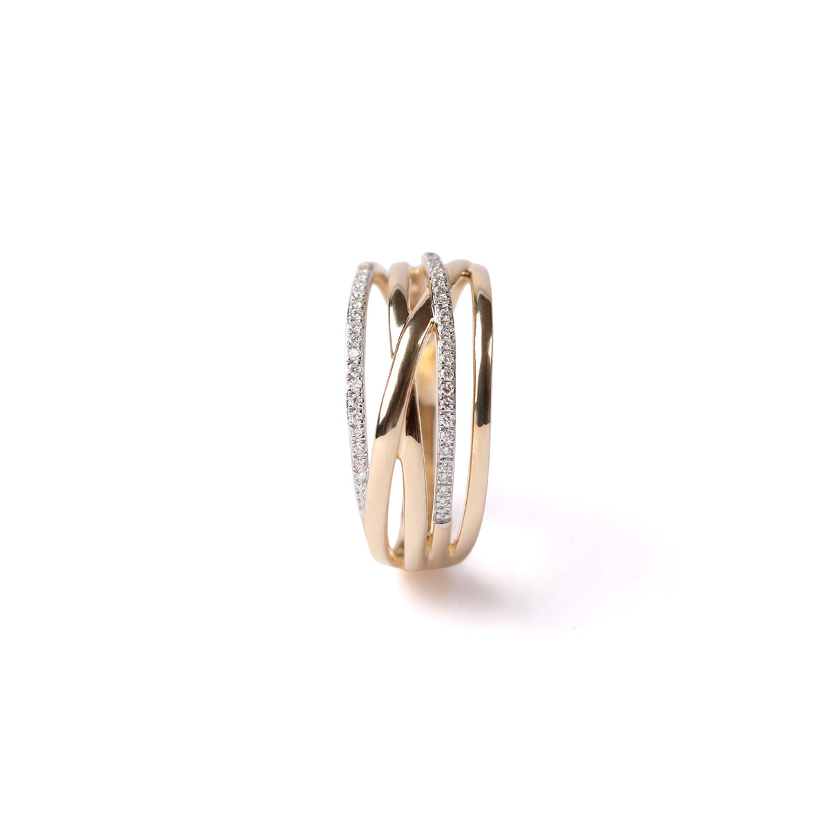 Women's solid yellow gold ring with 5 connected bands, with two of the bands set with diamonds, displayed upright on it's side on a white background.