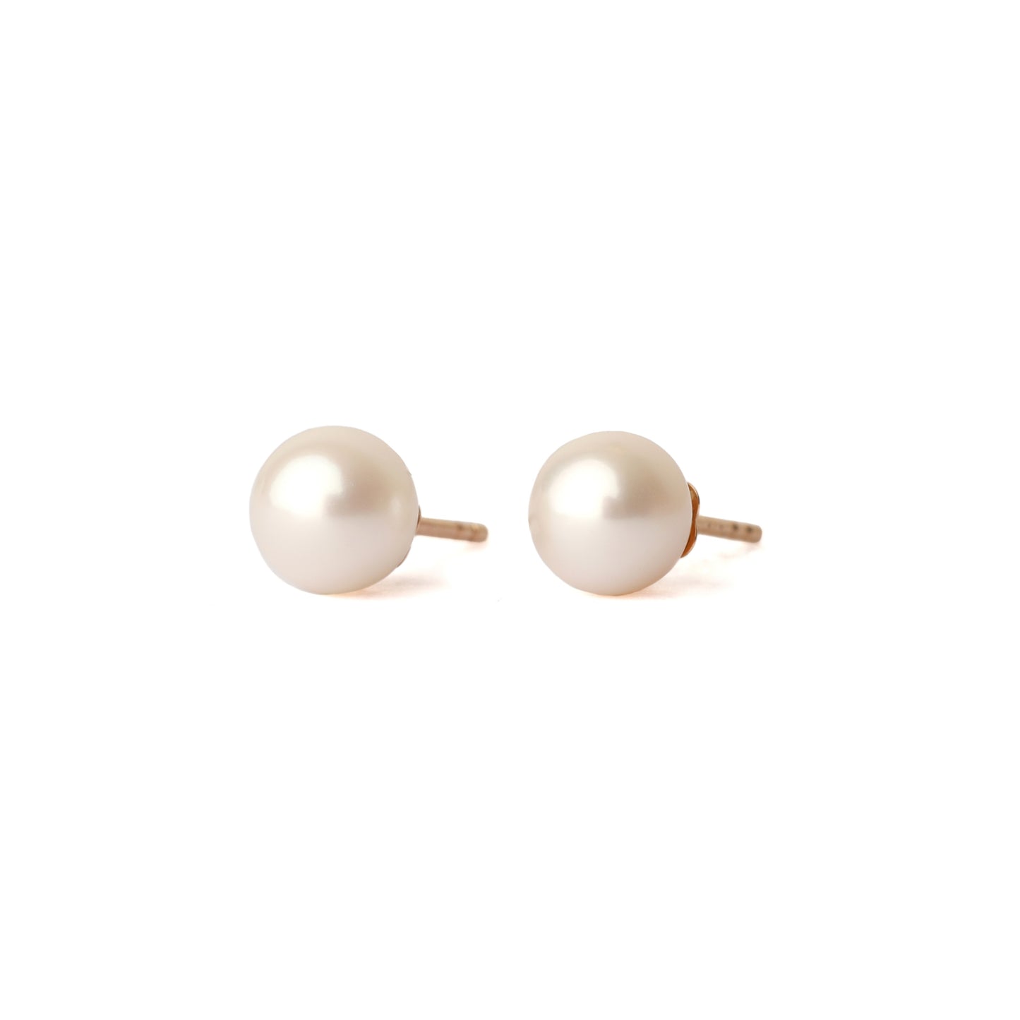 A pair of solid yellow gold and freshwater pearl earrings, classic size. Both face forward and are set on a white background for the shopper to view.