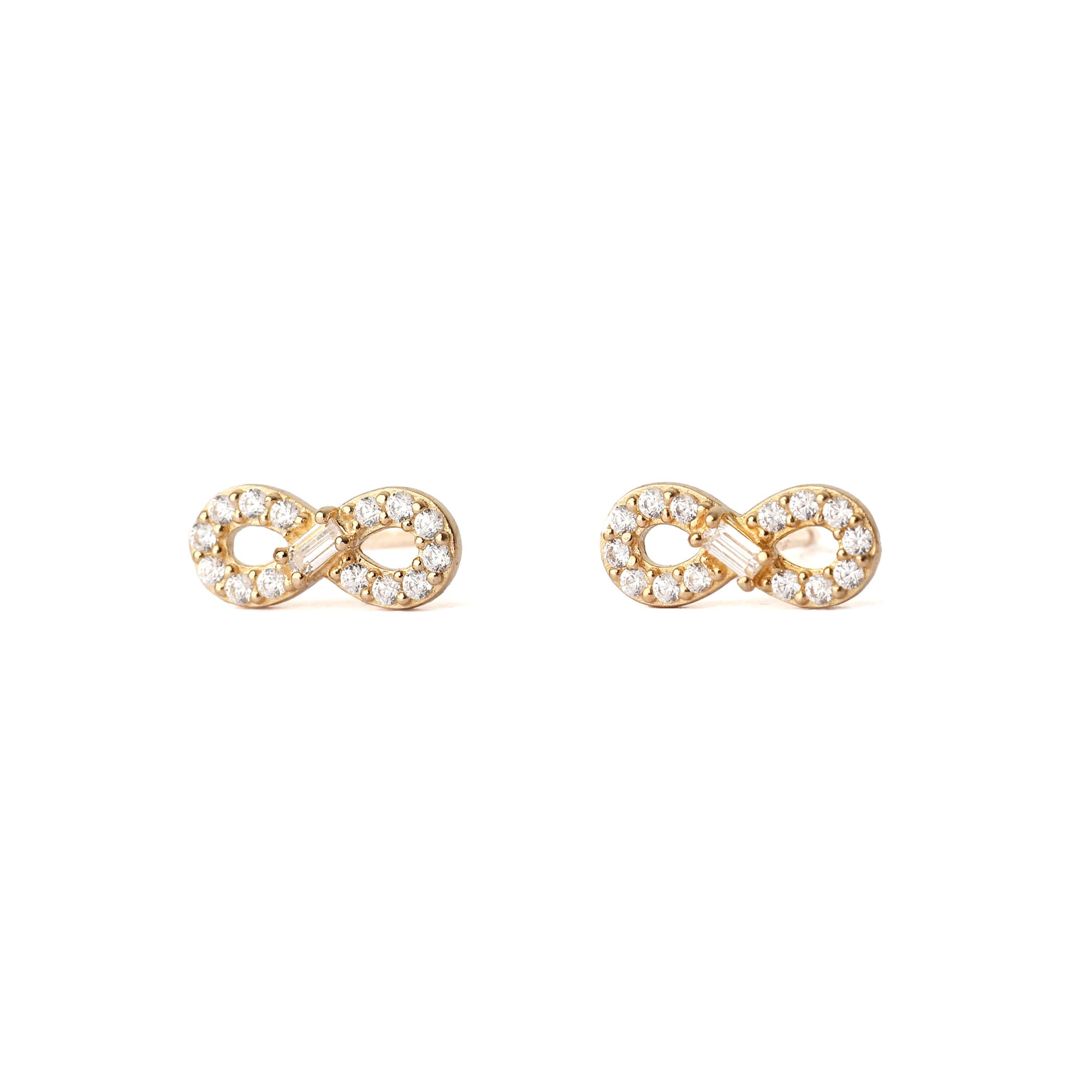 A pair of solid yellow gold stud earrings set with cubic zirconia gemstones. Both earrings are face on and are set on a white background for the shopper to view.