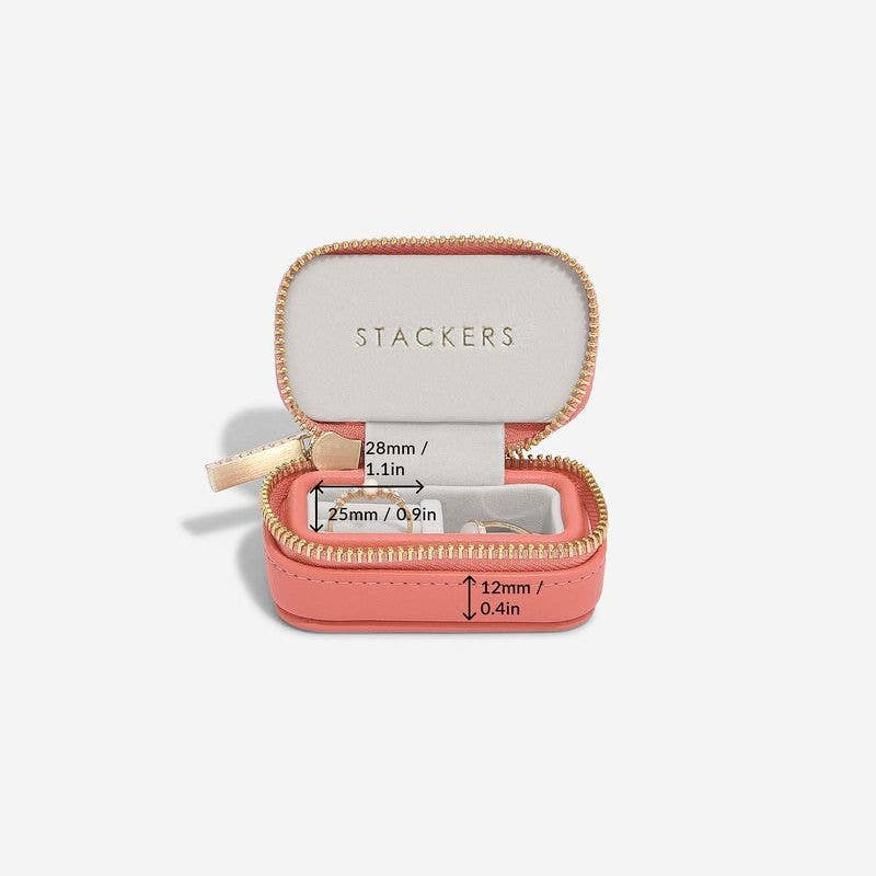 Grapefruit peach mini Stackers travel jewellery case on a white background showing internal dimensions