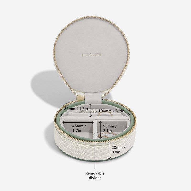 Medium Stackers travel jewellery box in green and cream, shown open with internal measurements, displayed on on a white background.