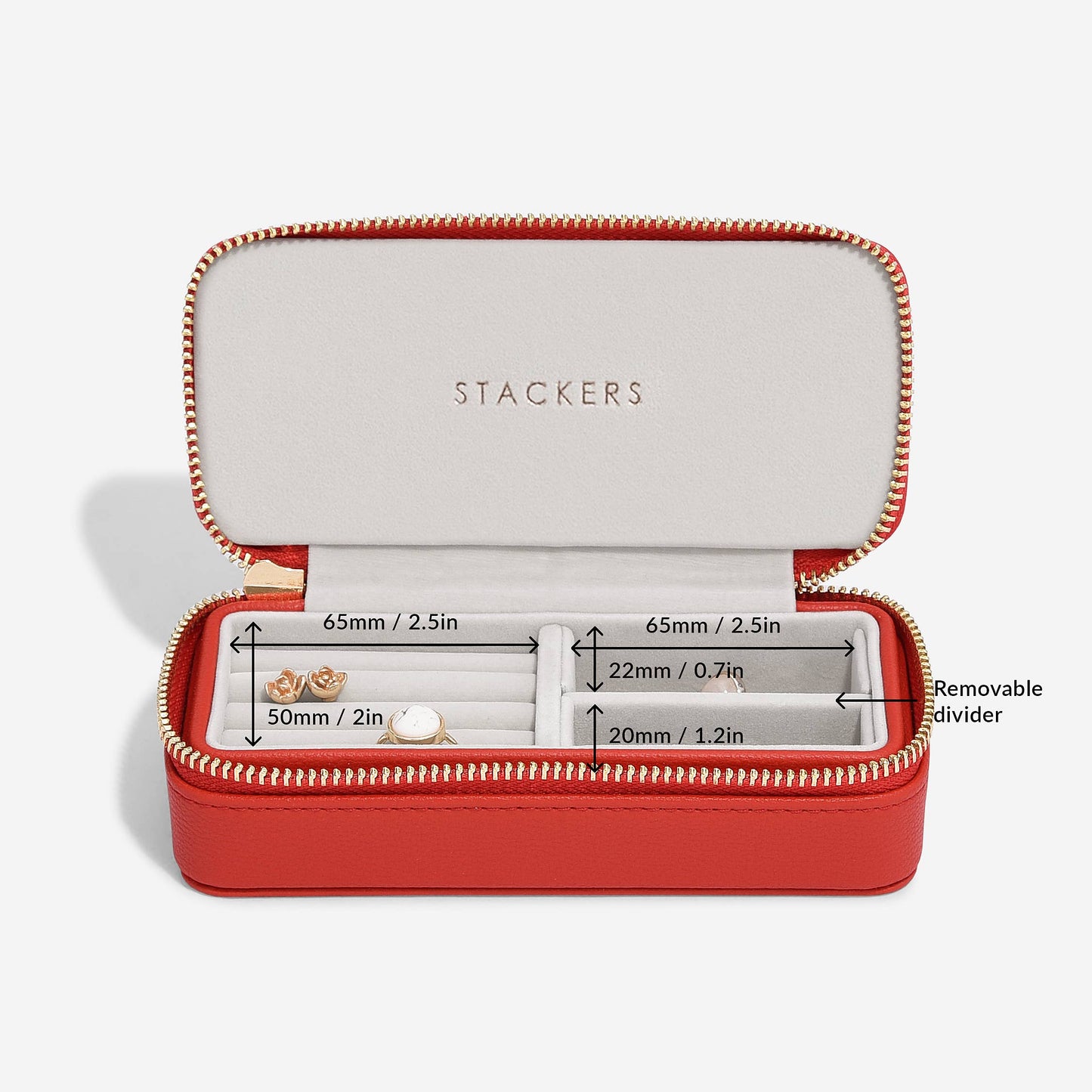 Red travel jewellery case with Stackers branding and measurements on a white background