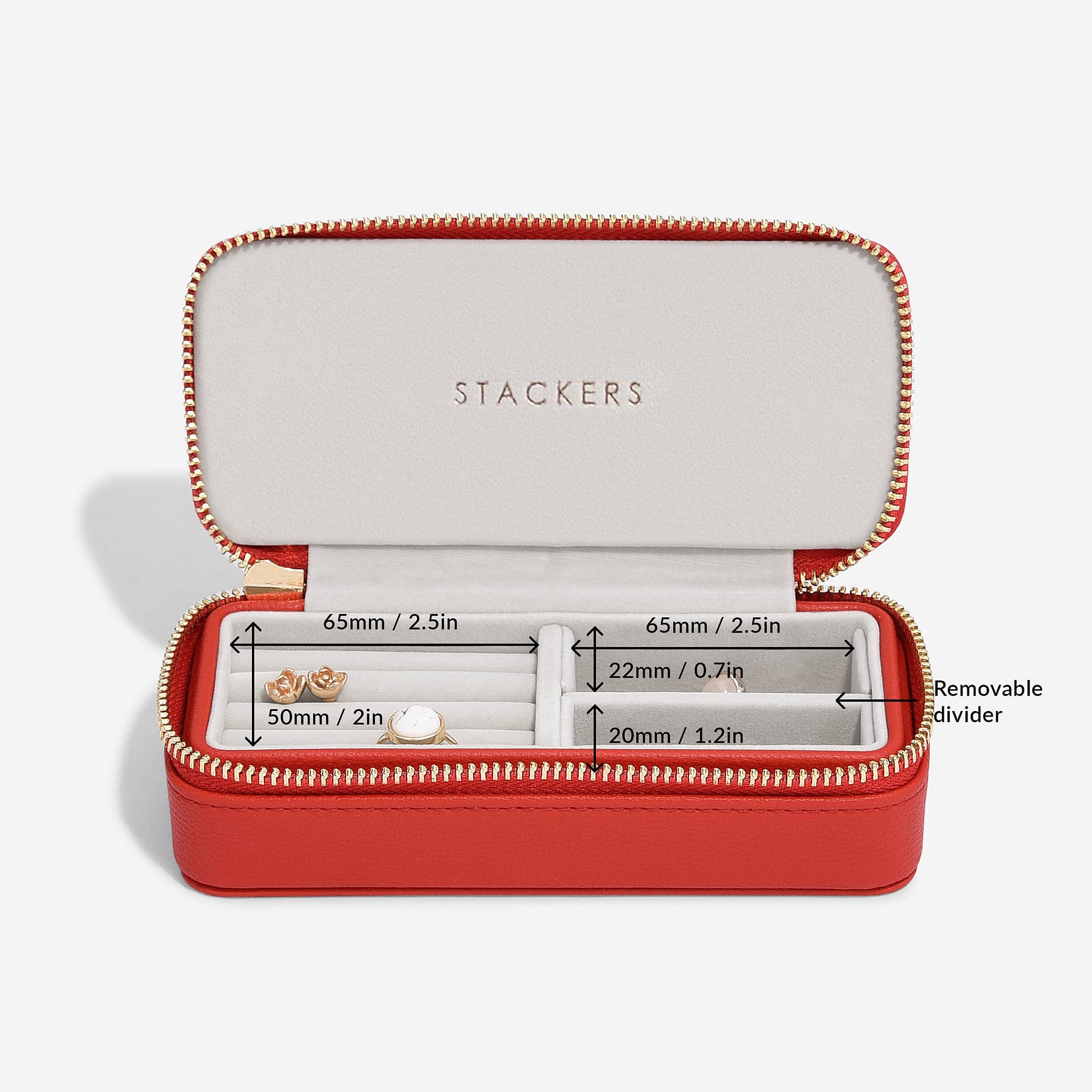 Red travel jewellery case with Stackers branding and measurements on a white background