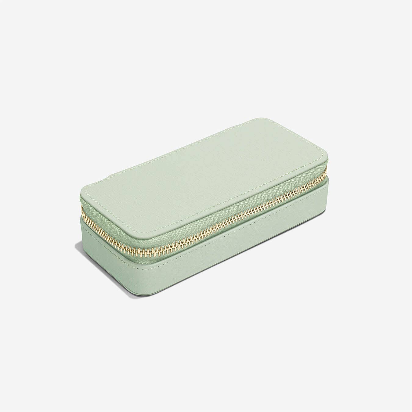 Mint green jewelry box with a gold zipper on a white background