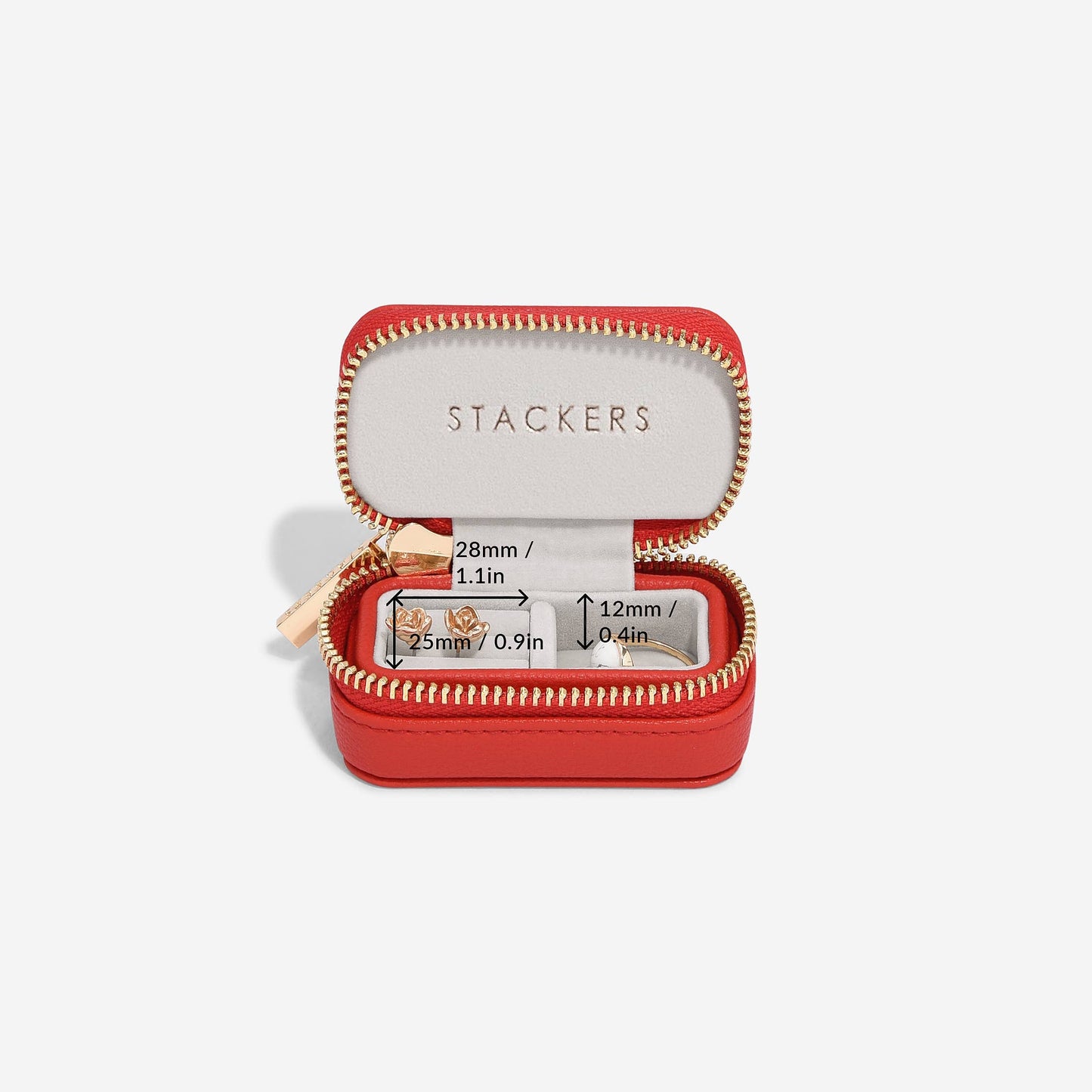 Red jewelry box with a clear lid showing measurement details on a white background