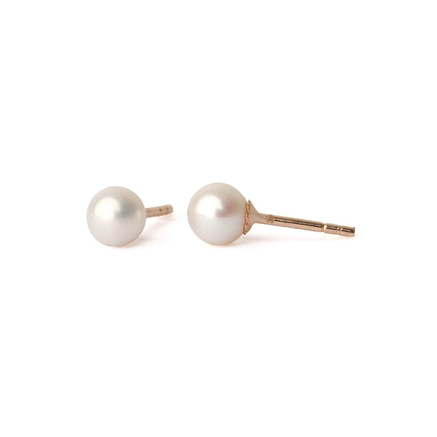 A pair of solid yellow gold and freshwater pearl earrings, small size. One is facing forward and the other is side on. They are set on a white background for the shopper to view.