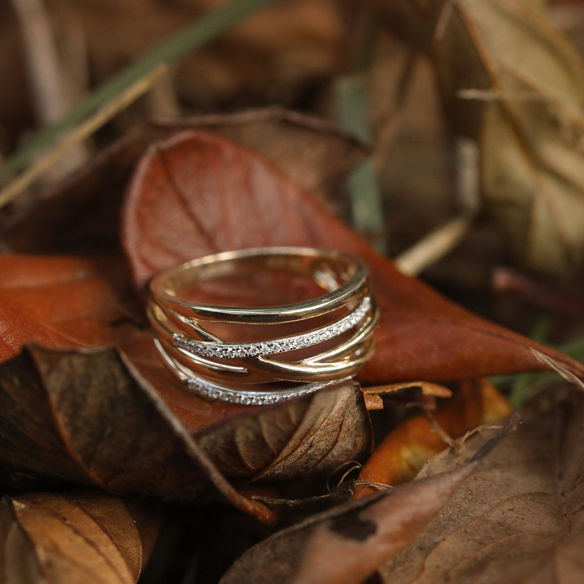 A women's solid yellow gold and diamond studded statement ring resting on a brown leaf among dry autumn leaves.