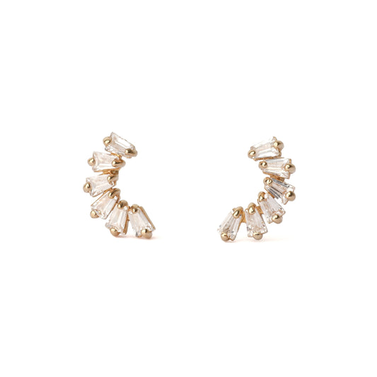 A pair of solid yellow gold earrings each set with six cubic zirconia gemstones in a crescent moon shape. Both earrings are facing forwards and are set on a white background for the shopper to view. 