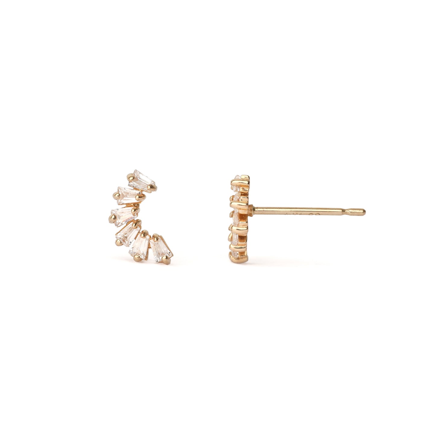 A pair of solid yellow gold earrings each set with six cubic zirconia gemstones in a crescent moon shape. One earring is displayed facing forwards, the other side on and both are set on a white background for the shopper to view. 