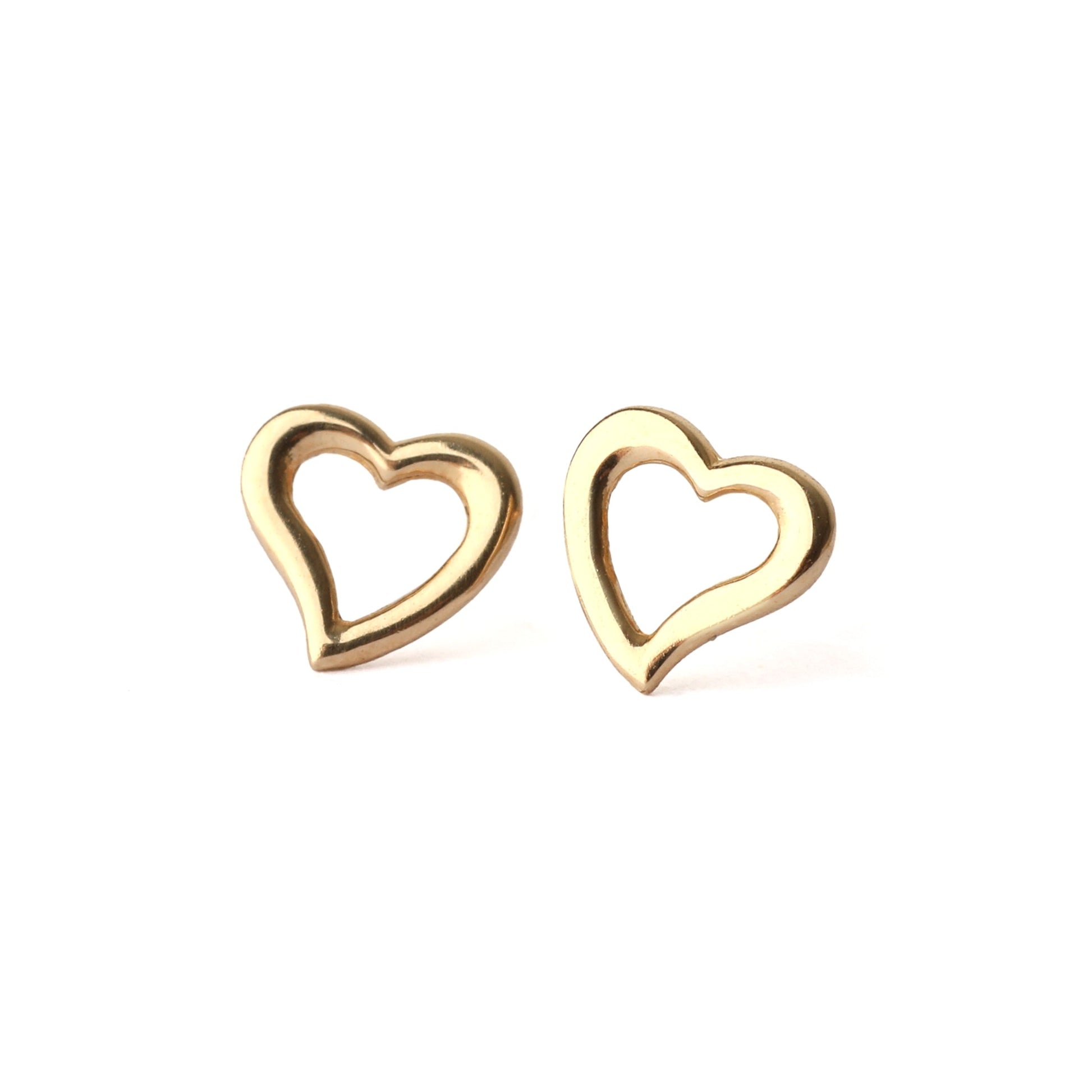 A pair of solid yellow gold heart shape earrings with an open centre, displayed on a white background, both facing forward for the shopper to see.