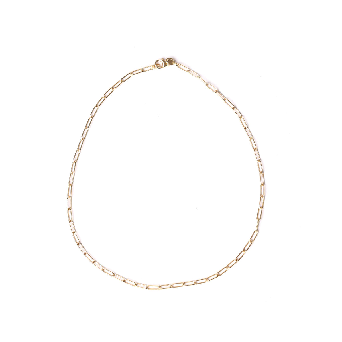 A delicate women's solid yellow gold paperclip chain necklace arranged in an oval shape against a solid white background.
