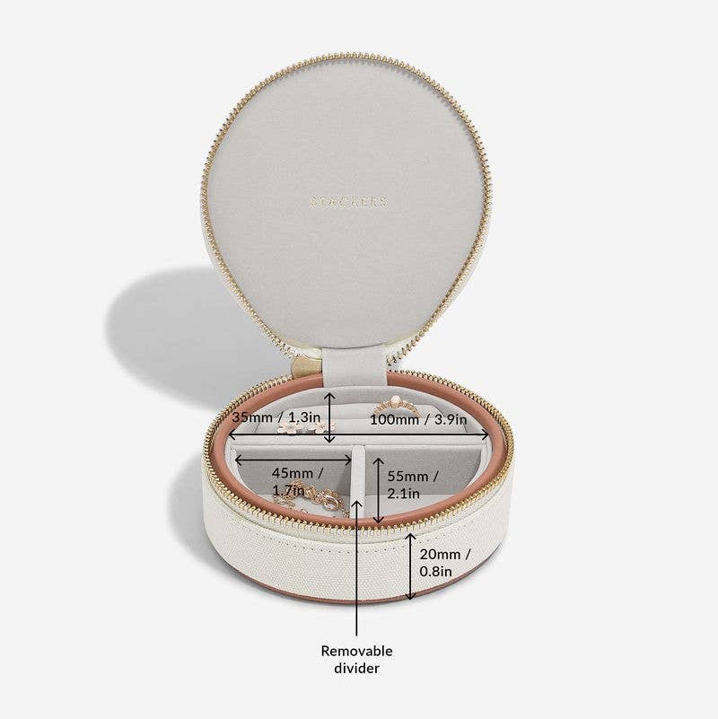 Medium round Stackers travel jewellery case in blush and cream showing measurements on a white background