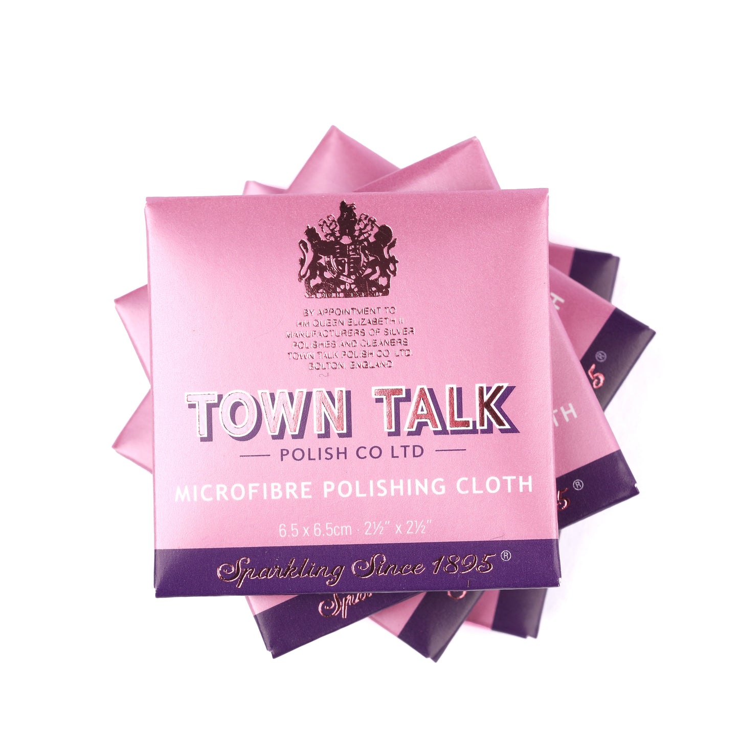 Town Talk universal microfibre polishing cloths for jewellery in pink boxes piled up on a white background