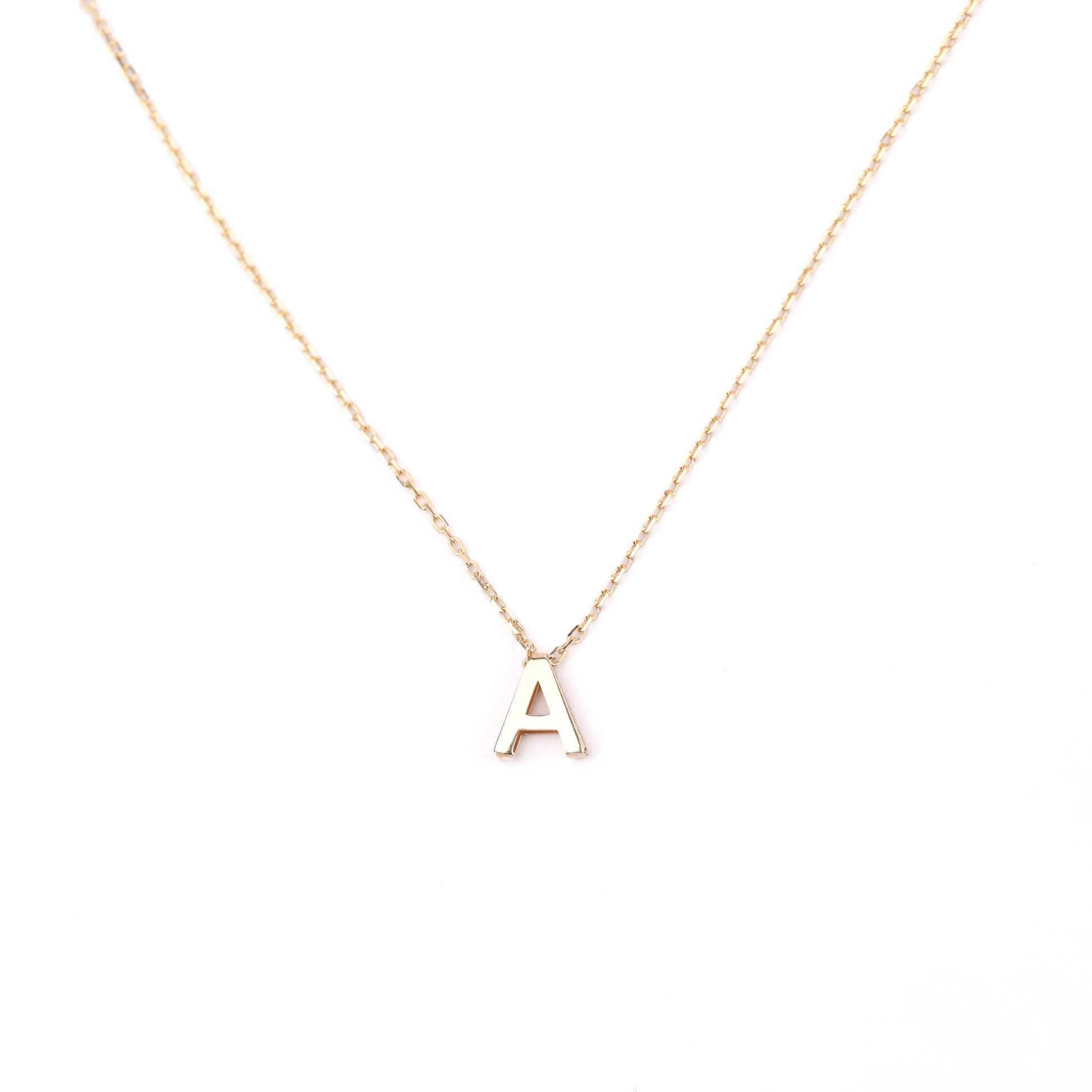 women's solid gold necklace with a 'A' pendant on a white background