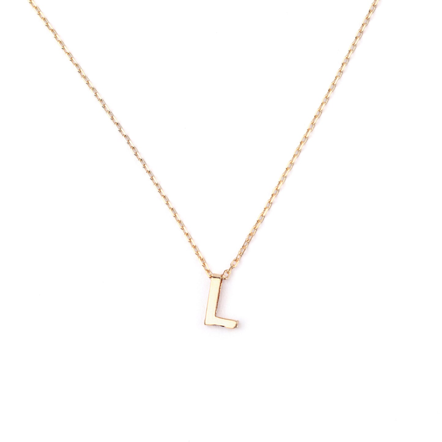 women's solid gold necklace with a 'L' pendant on a white background