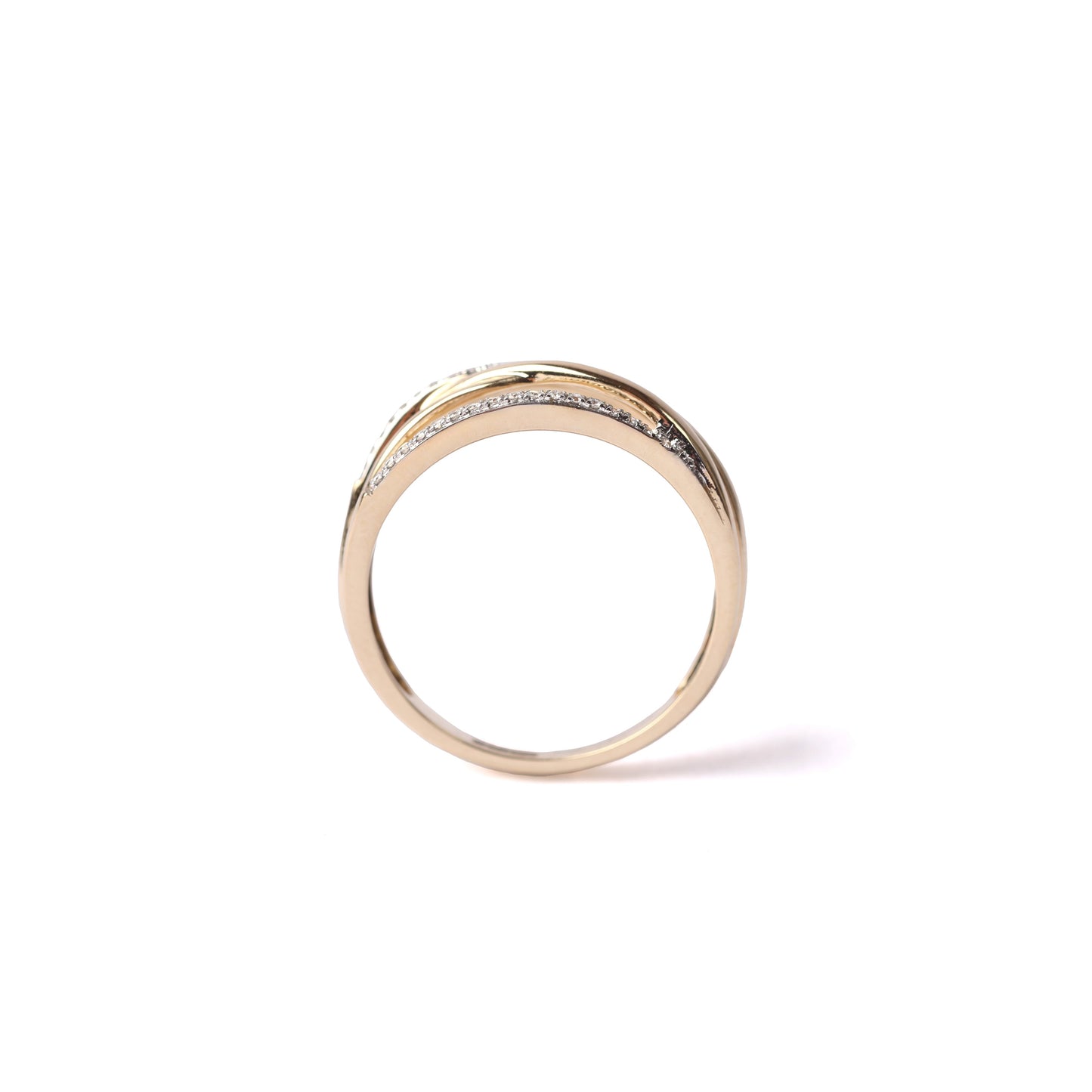 Women's solid yellow gold ring with 5 connected bands, with two of the bands set with diamonds, displayed upright on it's side on a white background.