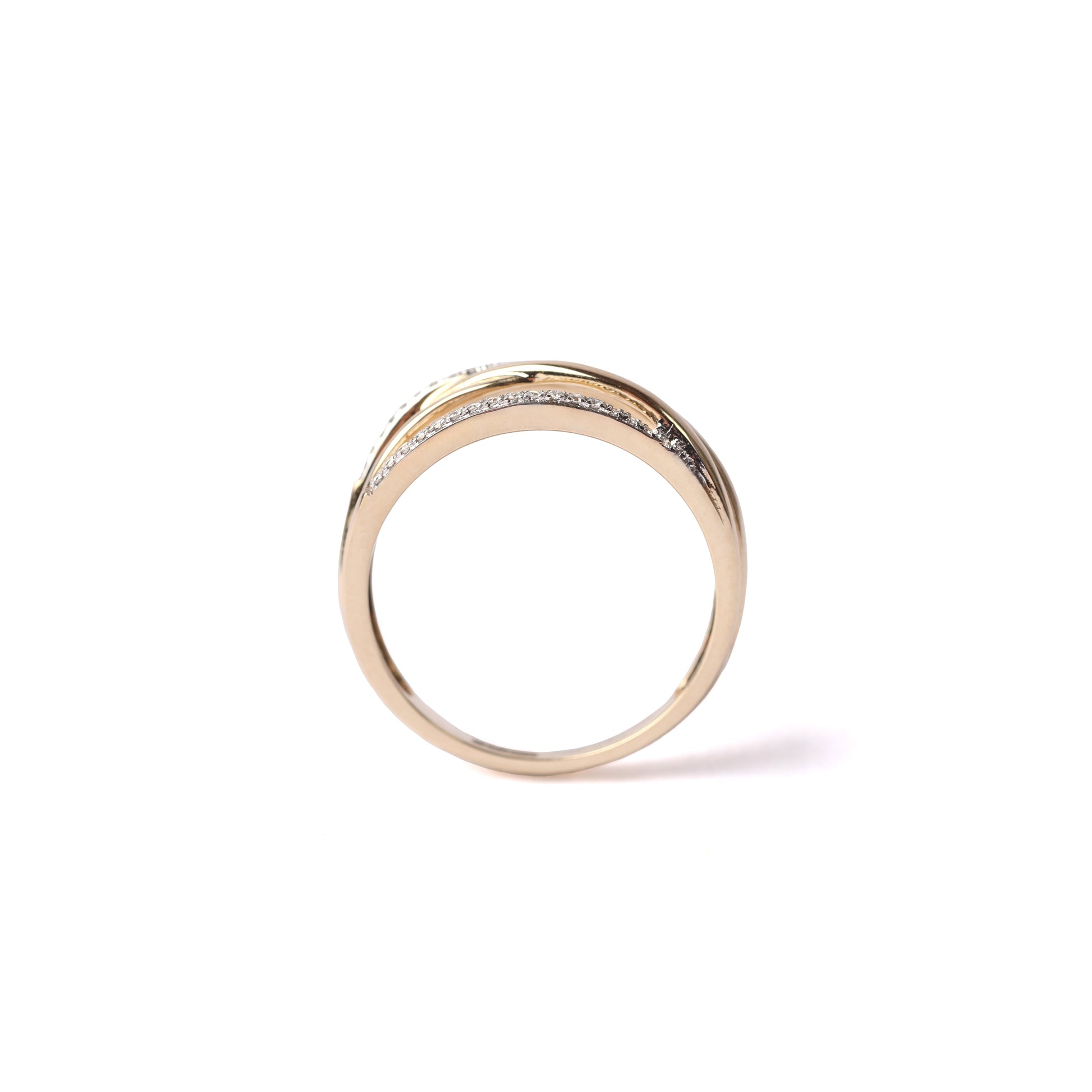 Women's solid yellow gold ring with 5 connected bands, with two of the bands set with diamonds, displayed upright on it's side on a white background.